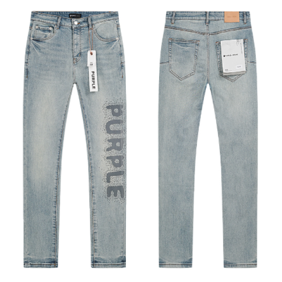 Light Blue Washed Slim Denim Jeans with Rhinestone "PURPLE" Logo